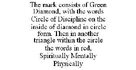 THE MARK CONSISTS OF GREEN DIAMOND, WITH THE WORDS CIRCLE OF DISCIPLINE ON THE INSIDE OF DIAMOND IN CIRCLE FORM. THEN IN ANOTHER TRIANGLE WITHIN THE CIRCLE THE WORDS IN RED, SPIRITUALLY MENTALLY PHYSI