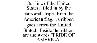 OUT LINE OF THE UNITED STATES, FILLED IN BY THE STARS AND STRIPES FROM THE AMERICAN FLAG. A RIBBON GOES ACROSS THE UNITED STATED. INSIDE THE RIBBON ARE THE WORDS 