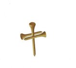 3 WOODEN, NATURAL WOODGRAIN COLORED GOLF TEES SITUATED IN THE SHAPE OF A CROSS.