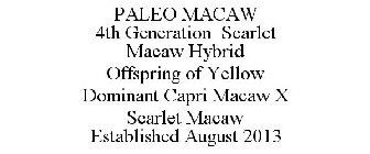 PALEO MACAW 4TH GENERATION SCARLET MACAW HYBRID OFFSPRING OF YELLOW DOMINANT CAPRI MACAW X SCARLET MACAW ESTABLISHED AUGUST 2013