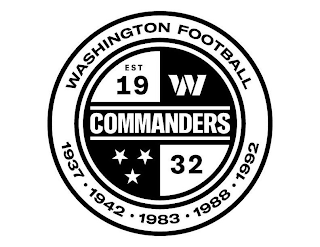 WASHINGTON FOOTBALL EST 19 W COMMANDERS 32 1937 · 1942 · 1983 · 1988 · 1992