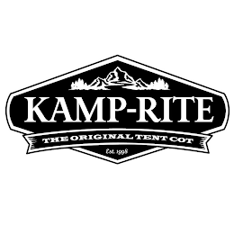 A NON-UNIFORM HEXAGON WITH SMALLER ARCUATE GENERALLY VERTICAL SIDE EDGES WITH A SPACED FROM THE BORDER BACKGROUND HAVING KAMP-RITE BETWEEN THE ARCUATE SIDE EDGES, A MOUNTAIN SCENE ABOVE, AND EST.1998