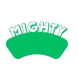 THE WORD MIGHTY IS IN CAPITAL LETTERS OUTLINED IN GREEN, WITH WHITE INTERIORS. THE WORD MIGHTY IS WRITTEN IN A STYLIZED FONT WITH EMPHASIS NOTED AT THE TOP LEFT PART OF THE M, TOP LEFT PART OF THE I, 
