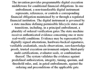 THE INVENTION PROVIDES PROGRAMMABLE DIGITAL EXECUTION MIDDLEWARE FOR CONDITIONAL FINANCIAL OBLIGATIONS. IN ONE EMBODIMENT, A NON-TRANSFERABLE DIGITAL INSTRUMENT REPRESENTS, REFERENCES, OR CONTROLS A C