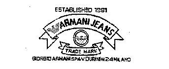 ESTABLISHED 1981 ARMANI JEANS TRADE MARK GIORGIO ARMANI SPAV DURINI 24 MILANO