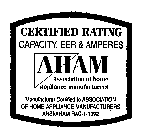 AHAM ASSOCIATION OF HOME APPLIANCE MANUFACTURERS CERTIFIED RATING CAPACITY, EER & AMPERES MANUFACTURER CERTIFIED TO ASSOCIATION OF HOME APPLIANCE MANUFACTURERS ANSI/AHAM RAC-1-1992