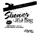 SHOWER IN A BAG COURTESY OF DELTA AIRLINES MOIST TOWEL BATHING SYSTEM NEW LEAVES YOUR BODY FEELING CLEAN JUST LIKE STEPPING OUT OF THE SHOWER! Y2K COMPLIANT NO WATER NEEDED