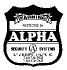 WARNING PROTECTED BY ALPHA SECURITY A SYSTEMS ALPHA ELECTRONIC ALARM INC.