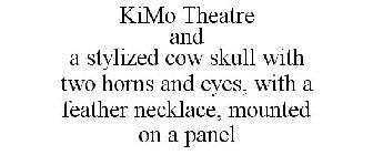 KIMO THEATRE AND A STYLIZED COW SKULL WITH TWO HORNS AND EYES, WITH A FEATHER NECKLACE, MOUNTED ON A PANEL