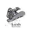 BLACK AND WHITE DRAWING OF SNOWBOARDER WITH WORDING: LOCALS BOARD HARDER