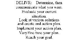 DELIVR: DETERMINE, THEN COMMUNICATE WHAT YOU WANT. EVALUATE YOUR CURRENT SITUATION. LOOK AT VARIOUS SOLUTIONS AND CREATE AND ACTION PLAN. IMPLEMENT YOUR ACTION PLAN. VARY/FINE TUNE YOUR PLAN. REACH YO