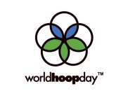 5 CIRCLE FLOWER WITH CLEAR OR WHITE, BLUE AND GREEN PETALS; WORLD HOOP DAY