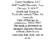 YARNY GOODNESS, LLC 6645 SOUTH UNIVERSITY AVE, CHICAGO, IL 60637 GOODS AND SERVICES: FESTIVALS, NAMELY FIBER ART FESTIVALS DATE OF FIRST USE IN COMMERCE: 10/01/2007 THE MARK IS PRESENTED IN STANDARD C