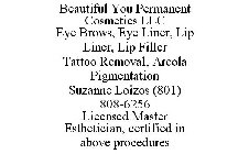 BEAUTIFUL YOU PERMANENT COSMETICS LLC EYE BROWS, EYE LINER, LIP LINER, LIP FILLER TATTOO REMOVAL, AREOLA PIGMENTATION SUZANNE LOIZOS (801) 808-6256 LICENSED MASTER ESTHETICIAN, CERTIFIED IN ABOVE PROC