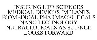 INSURING LIFE SCIENCES MEDICAL DEVICES IMPLANTS BIOMEDICAL PHARMACEUTICALS NANO TECHNOLOGY NUTRACEUTICALS AS SCIENCE LOOKS FORWARD