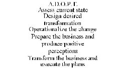 A.D.O.P.T. ASSESS CURRENT STATE DESIGN DESIRED TRANSFORMATION OPERATIONALIZE THE CHANGE PREPARE THE BUSINESS AND PRODUCE POSITIVE PERCEPTIONS TRANSFORM THE BUSINESS AND EXECUTE THE PLANS