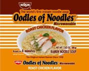 NISSIN THE WORLD'S FIRST INSTANT NOODLE SOUP OODLES OF NOODLES MICROWAVABLE ROAST CHICKEN FLAVOR READY IN 4 MINUTES RAMEN NOODLE SOUP THE ORIGINAL INSTANT RAMEN SINCE 1958 NISSEN OODLES OF NOODLES MIC