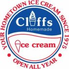 CLIFFS HOMEMADE ICE CREAM YOUR HOMETOWN ICE CREAM SINCE 1975 OPEN ALL YEAR
