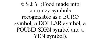 EURO $ £ ¥ (FOOD MADE INTO CURRENCY SYMBOLS RECOGNISABLE AS A EURO SYMBOL, A DOLLAR SYMBOL, A POUND SIGN SYMBOL AND A YEN SYMBOL).