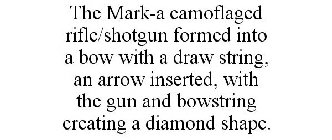 THE MARK-A CAMOFLAGED RIFLE/SHOTGUN FORMED INTO A BOW WITH A DRAW STRING, AN ARROW INSERTED, WITH THE GUN AND BOWSTRING CREATING A DIAMOND SHAPE.