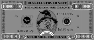 RUSSELL STOVER NOTE 1,000,000,000 IN GOBLINS WE TRUST 1,000,000,000 31 ONE BILLION BOO 10311031 31 NET WT 2 OZ (57 G) WITCHY JACK O' LANTERN 31 1,000,000,000 SOLID MILK CHOCOLATE 1,000,000,000