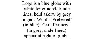 LOGO IS A BLUE GLOBE WITH WHITE LONGITUDE/LATITUDE LINES, HELD ASKEW BY GREY FINGERS. WORDS 