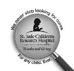 WE NEVER STOP LOOKING FOR CURES. FOR ANY CHILD. EVER. ST. JUDE CHILDREN'S RESEARCH HOSPITAL ALSAC · DANNY THOMAS, FOUNDER THANKS AND GIVING