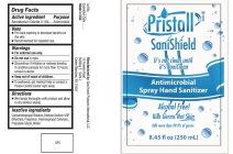 PRISTALL SANISHIELD IT'S NOT CLEAN UNTIL IT'S SANICLEAN ANTIMICROBIAOL SPRAY HAND SANITIZER ALCOHOL FREE KILLS GERMS NOT SKIN KILLS MORE THAN 99.9% OF GERMS