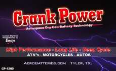CRANK POWER AEROSPACE DRY CELL BATTERY TECHNOLOGY CUSTOM MFG'D FOR AEROBATTERIES BY ENERSYS HIGH PERFORMANCE - LONG LIFE - DEEP CYCLE ATV'S - MOTORCYCLES - AUTOS AEROBATTERIES.COM TYLER, TX. CP-1200