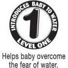 1 LEVEL ONE INTRODUCES BABY TO WATER HELPS BABY OVERCOME THE FEAR OF WATER.