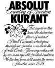 ABSOLUT KURANT COUNTRY OF SWEDEN THIS SUPERB VODKA BEARS THE DISTINCTIVE FLAVORS OF NATURAL BLACK CURRANTS, WHICH GROW THROUGHOUT SWEDEN, EVEN ABOVE THE ARTIC CIRCLE. FLAVORING VODKA WITH BERRIES IS A