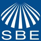 BLUE SQUARE WITH WHITE LETTERING (SBE) WITH NINE WHITE TRIANGLES RADIATING ABOVE