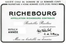 SOCIETE CIVILE DU DOMAINE DE LA ROMANEE-CONTI PROPRIETAIRE A VOSNE-ROMANEE (COTE-D'OR) FRANCE RICHEBOURG APPELLATION RICHEBOURG CONTROLEE BOUTEILLES RECOLTEES BOUTEILLE NO ANNEE LES ASSOCIES-GERANTS H