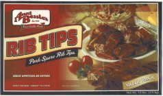 AUNT BESSIE'S EST. 1958 FINEST QUALITY MEATS RIB TIPS PORK SPARE RIB TIPS GREAT APPETIZER OR ENTREE! KEEP FROZEN READY TO COOK SERVING SUGGESTION VALUE PACK NET WT. 10 LBS. (4.5 KG.).