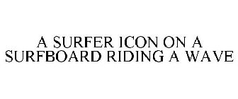 A SURFER ICON ON A SURFBOARD RIDING A WAVE