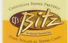 CJ'S BITZ THE GOURMET CHOCOLATE TREAT CHOCOLATE DIPPED PRETZELS HAND ROLLED IN TOFFEE CHIPS