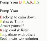 PUMP YOUR B.R.A.K.E.S. PUMP YOUR BACK-UP TO CALM DOWN RELAX & THINK ASSERT YOURSELF KEEP COOL & LISTEN EMPATHIZE WITH OTHERS SEEK A WIN-WIN SOLUTION