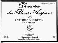 PRODUIT DE FRANCE - DOMAINE DES BONS AUSPICES 1998 CABERNET SAUVIGNON - VIN DE PAYS D'OC - E L - MIS EN BOUTEILLE - A FF 34200 - EMPERATRIZ LARRETCHE - PROPRIETAIRE A 30350 CANAULES - FRANCE - 12,5% V