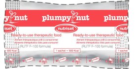 PLUMPY NUT NUTRISET READY-TO-USE THERAPEUTIC FOOD RUTF F-100 FORMULA 1 SACHET= 500 KCAL ALIMENT THERAPEUTIQUE PRET A CONSOMMER ALIMENTO THERAPEUTICO LISTO PARA CONSUMIR