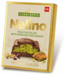 DUBAI STYLE NELINO MILK CHOCOLATE WITH PISTACHIO AND KADAYIF PREMIUM CHOCOLATE