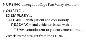 NURSING THROUGHOUT CAPE FEAR VALLEY HEALTH IS: HOLISTIC...EXEMPLARY...ALIGNED WITH PATIENT AND COMMUNITY...RESEARCH AND EVIDENCE-BASED WITH...TEAM COMMITMENT TO PATIENT CENTEREDNESS... ...CARE DELIVER