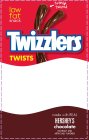 TWIZZLERS TWISTS LOW FAT SNACK TOTALLY TWISTED MADE WITH REAL HERSHEY'S CHOCOLATE NATURALLY AND ARTIFICIALLY FLAVORED