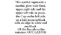 THIS SYMBOL REPRESENTS A MARTINI GLASS WITH BLACK UPPER RIGHT SIDE AND THE UPPER LEFT SIDE IN GREEN, THE CUP ON THE LEFT SIDE ON A HALF MOON IN BLACK WITH AN EDGE IN WHITE AND ONE BLACK. ALL THIS LIES