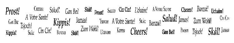 PROST! CHEERS! SALUD! GAL L'CHAIM! GAN BEI! TSJOCH! A VOTRE SANTE! KIPPIS! JAMAS! TSJOCH! A VOTRE SANTE! SKÁL! BANZAI! SALUD! JAMAS! ZUM WOHL! CIN CIN! KIPPIS! SKÅL! CIN CIN! BANZAI! SKÁL! ZUM WOHL