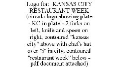 LOGO FOR: KANSAS CITY RESTAURANT WEEK (CIRCULA LOGO SHOWING PLATE - KC IN PLATE - 2 FORKS ON LEFT, KNIFE AND SPOON ON RIGHT, CONTOURED 