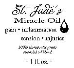 ST. JUDE'S MIRACLE OIL PAIN · INFLAMMATION TENSION · INJURIES 100% THERAPEUTIC GRADE ESSENTIAL OIL BLEND -1 FL. OZ.-