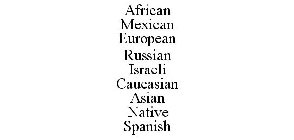 AFRICAN MEXICAN EUROPEAN RUSSIAN ISRAELI CAUCASIAN ASIAN NATIVE SPANISH
