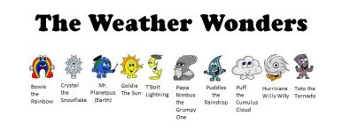 THE WEATHER WONDERS BOWIE THE RAINBOW CRYSTAL THE SNOWFLAKE MR. PLANETPUS (EARTH) GOLDIE THE SUN T'BOLT LIGHTNING PAPA NIMBUS THE GRUMPY ONE PUDDLES THE RAINDROP PUFF THE CUMULUS CLOUD HURRICANE WILLY