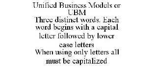 UNIFIED BUSINESS MODELS OR UBM THREE DISTINCT WORDS. EACH WORD BEGINS WITH A CAPITAL LETTER FOLLOWED BY LOWER CASE LETTERS WHEN USING ONLY LETTERS ALL MUST BE CAPITALIZED