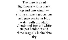 THE LOGO IS A RED LIGHTHOUSE WITH A BLACK TOP AND TWO WINDOWS SITTING ON ARMY GREEN, TAN AND GRAY ROCKS ON BLUE WATER WITH OFF WHITE CLOUDS AND TWO OFF WHITE STRIPES BEHIND IT AND THREE SEAGULLS IN TH